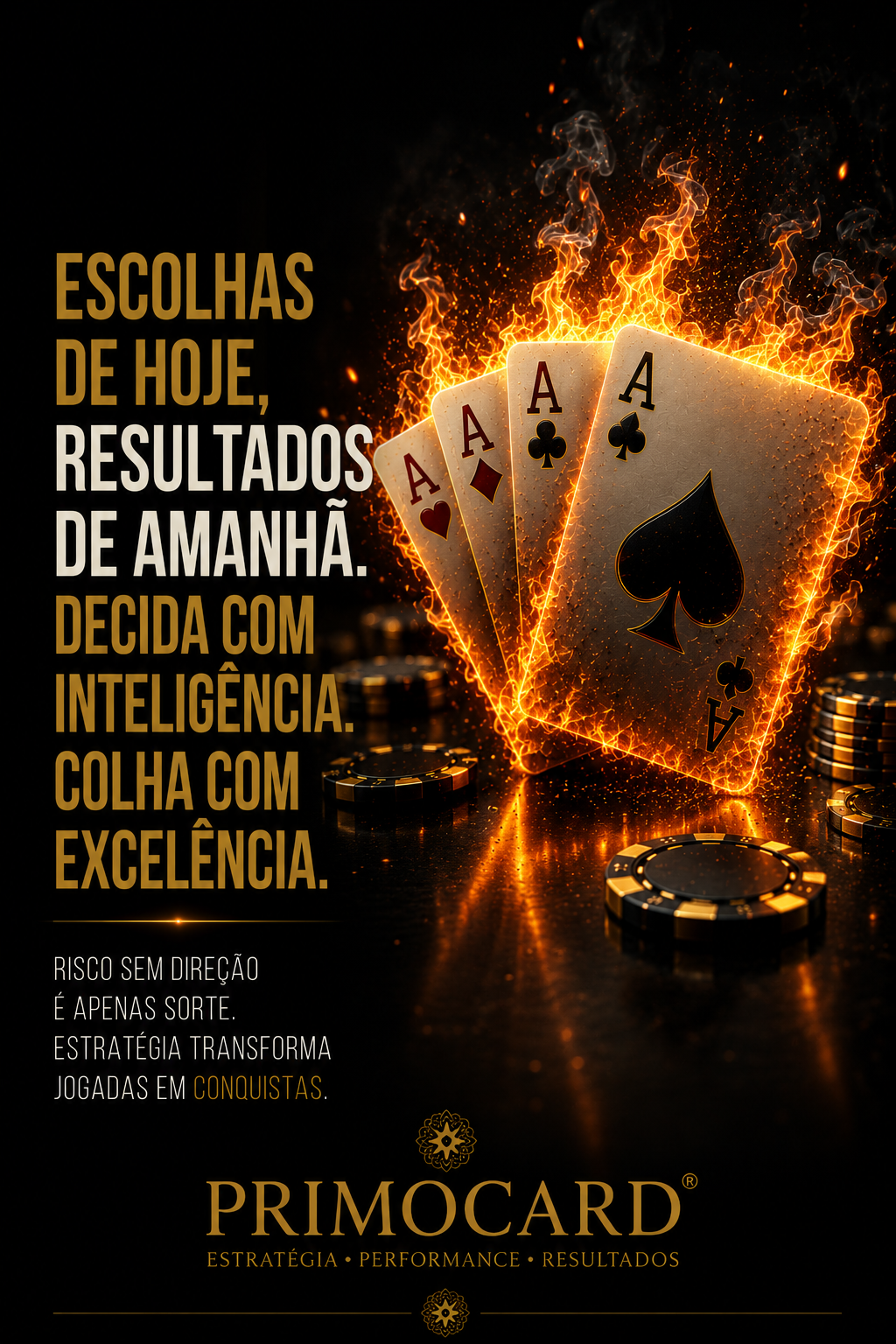 Cartas de ás envoltas em fogo simbolizando escolhas estratégicas.