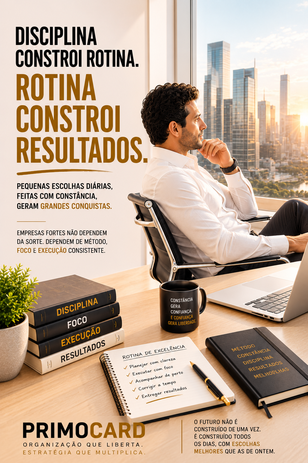 Empresário observando a cidade em ambiente corporativo com elementos que representam disciplina, foco, execução e resultados.