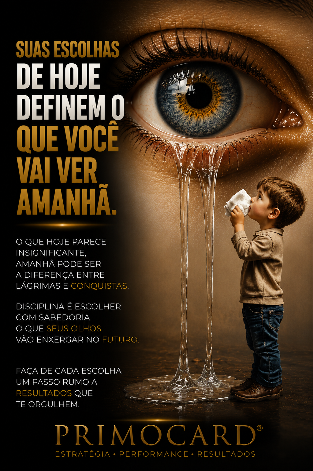 Grande olho com criança observando simbolizando escolhas e futuro.