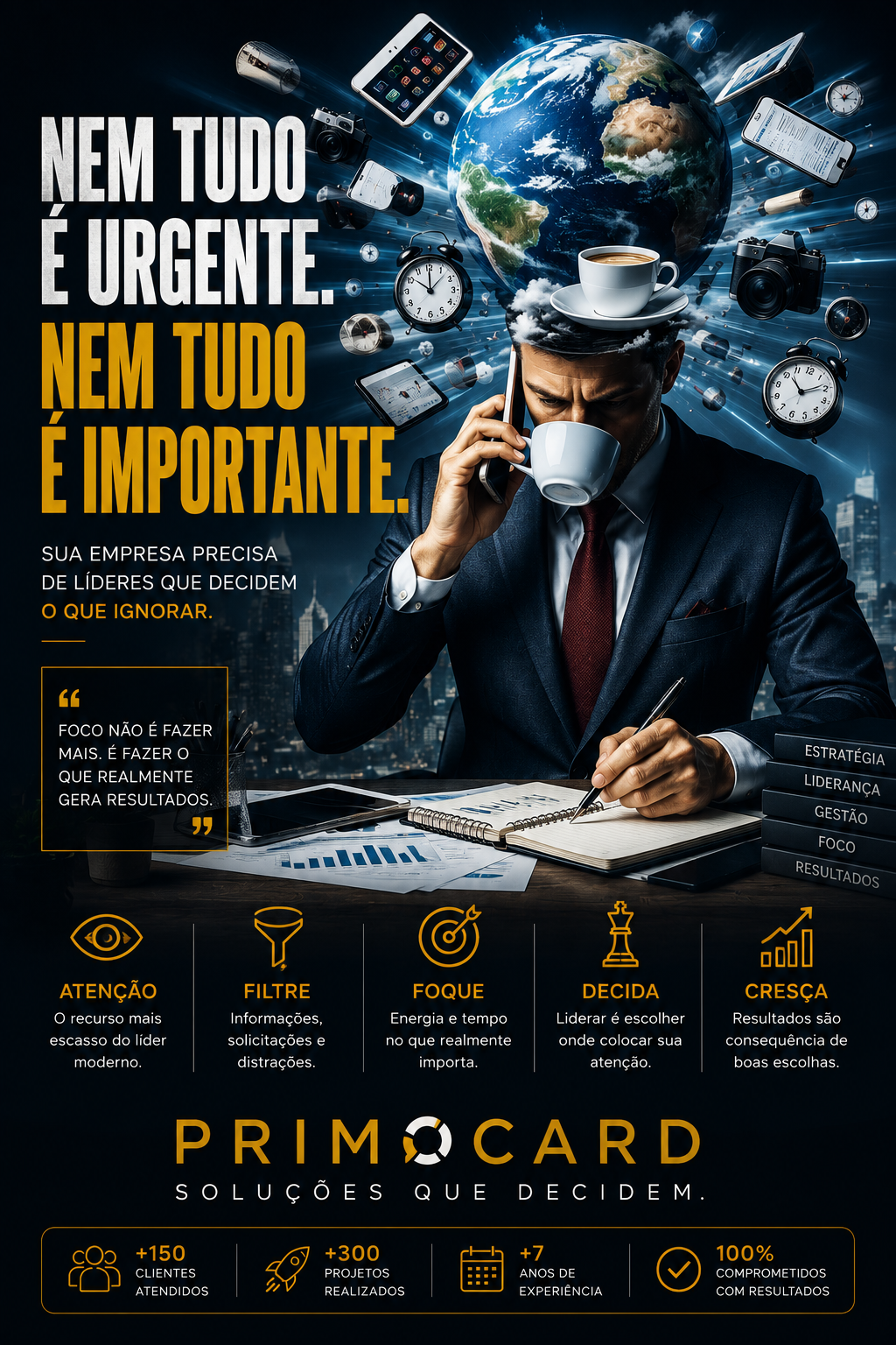 Executivo cercado por informações escolhendo prioridades de forma estratégica.