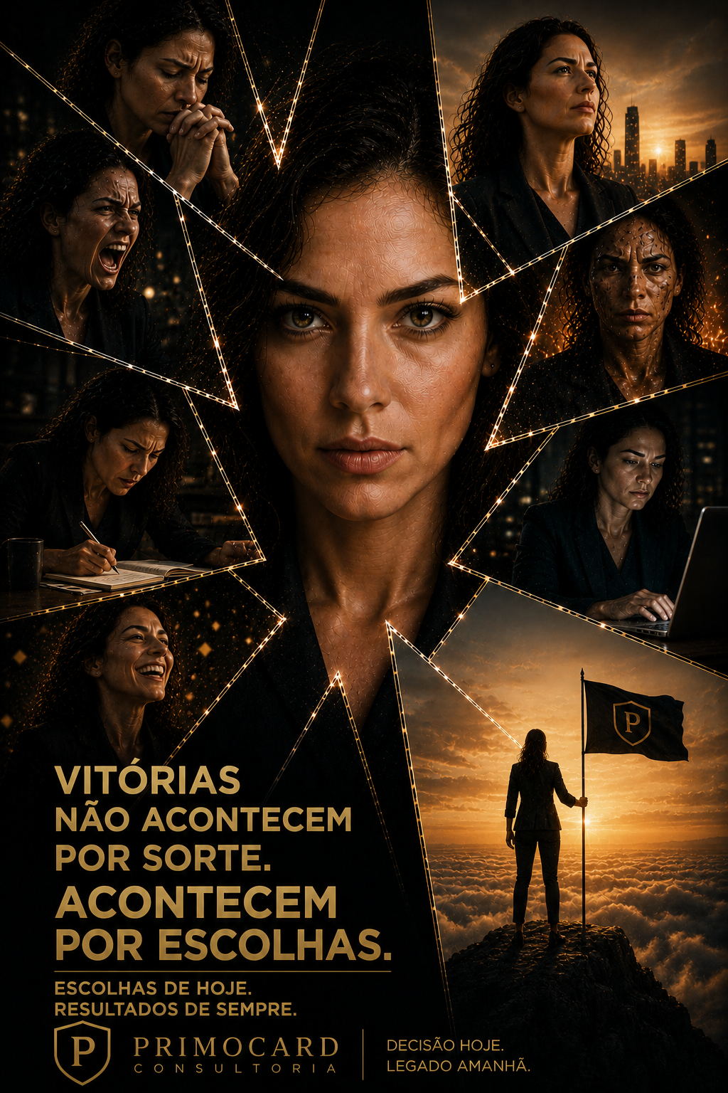 Empresária cercada por diferentes momentos emocionais simbolizando que vitórias são resultado das escolhas feitas diariamente.