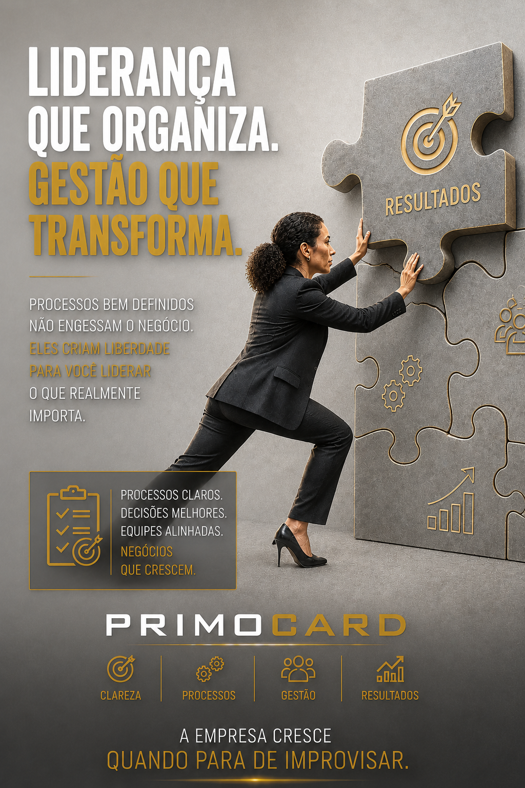 Líder encaixando uma peça com a palavra resultados em um grande quebra-cabeça de gestão empresarial.
