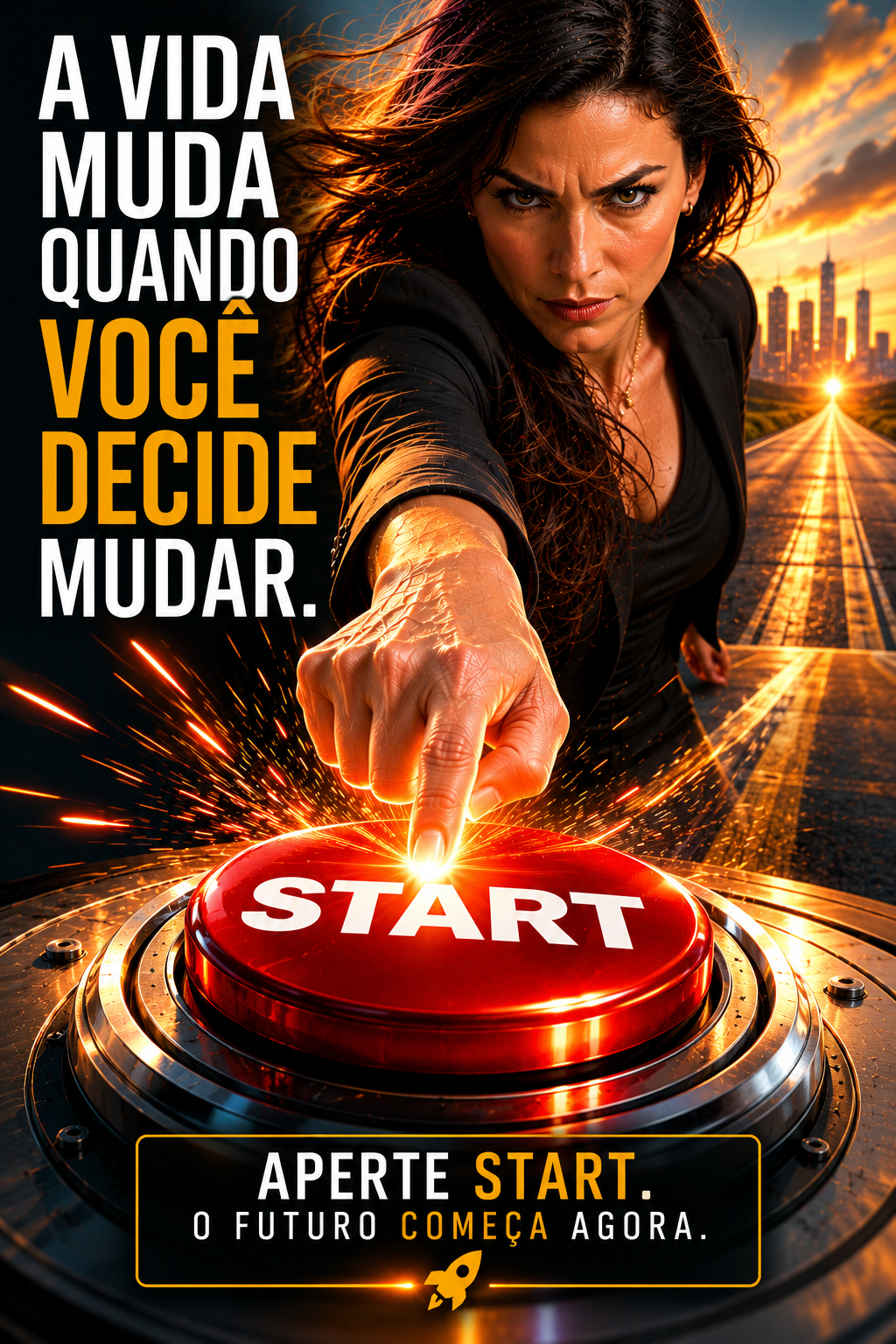 Mulher pressionando um grande botão vermelho escrito Start, simbolizando decisão, início, mudança e construção do futuro.