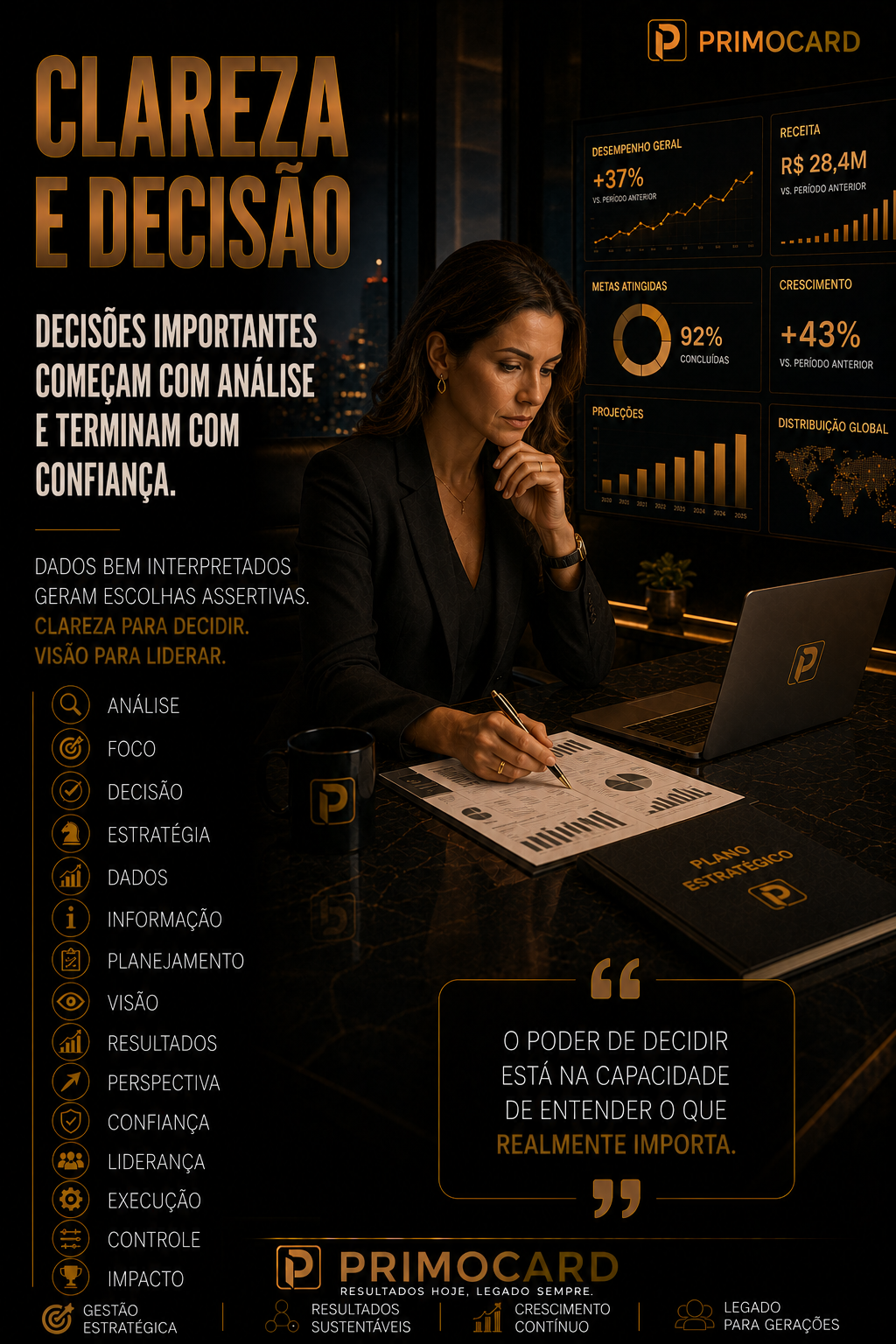 Executiva analisando indicadores para tomada de decisão estratégica.