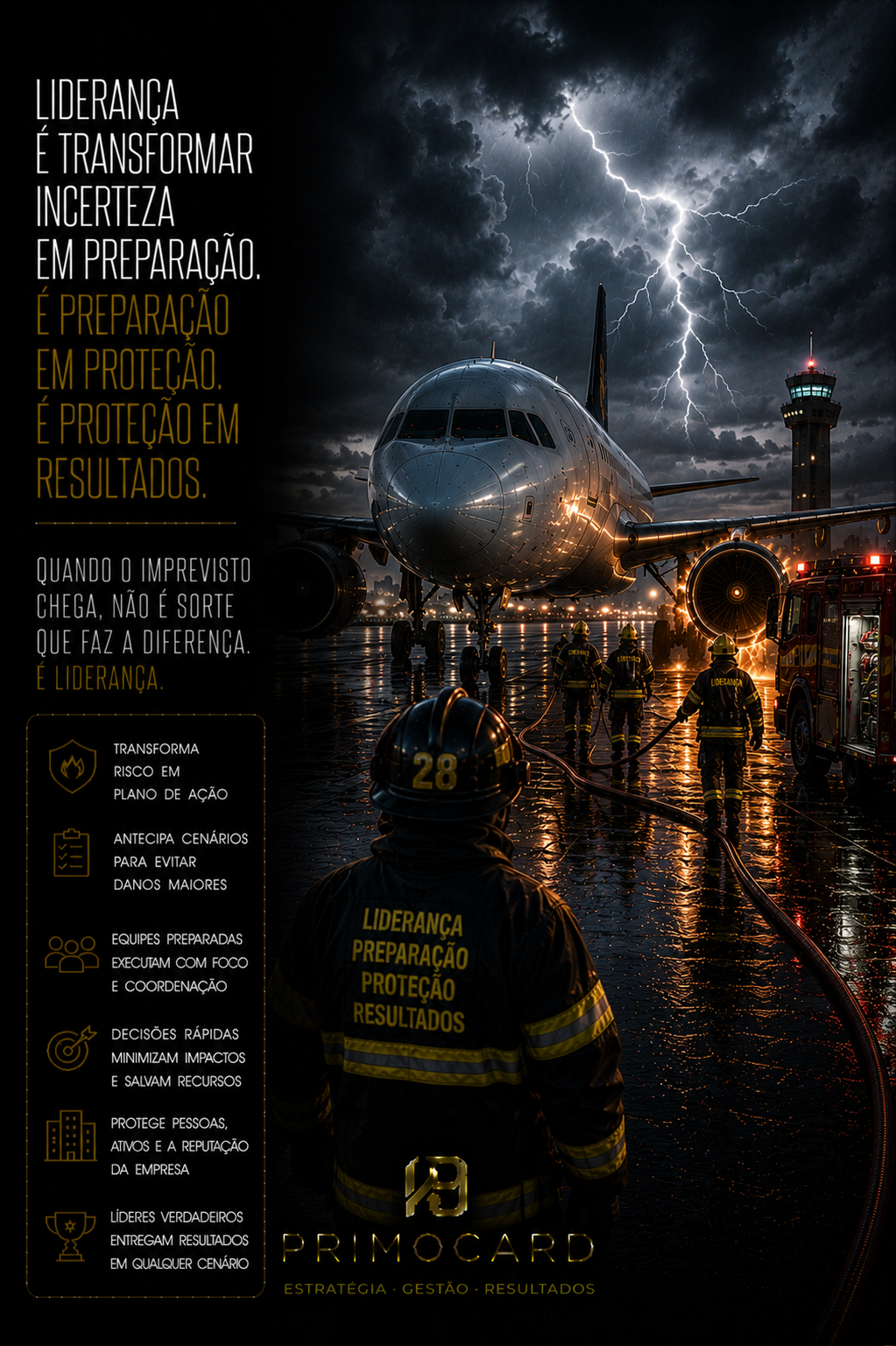 Executiva observando prédio em chamas simbolizando prevenção e responsabilidade.