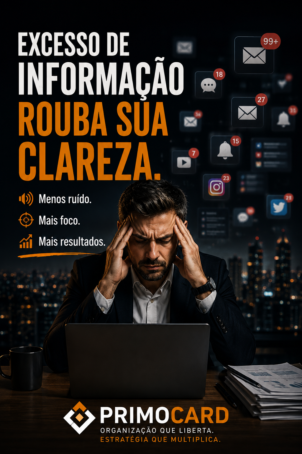 Empresário cercado por notificações digitais representando excesso de informação.