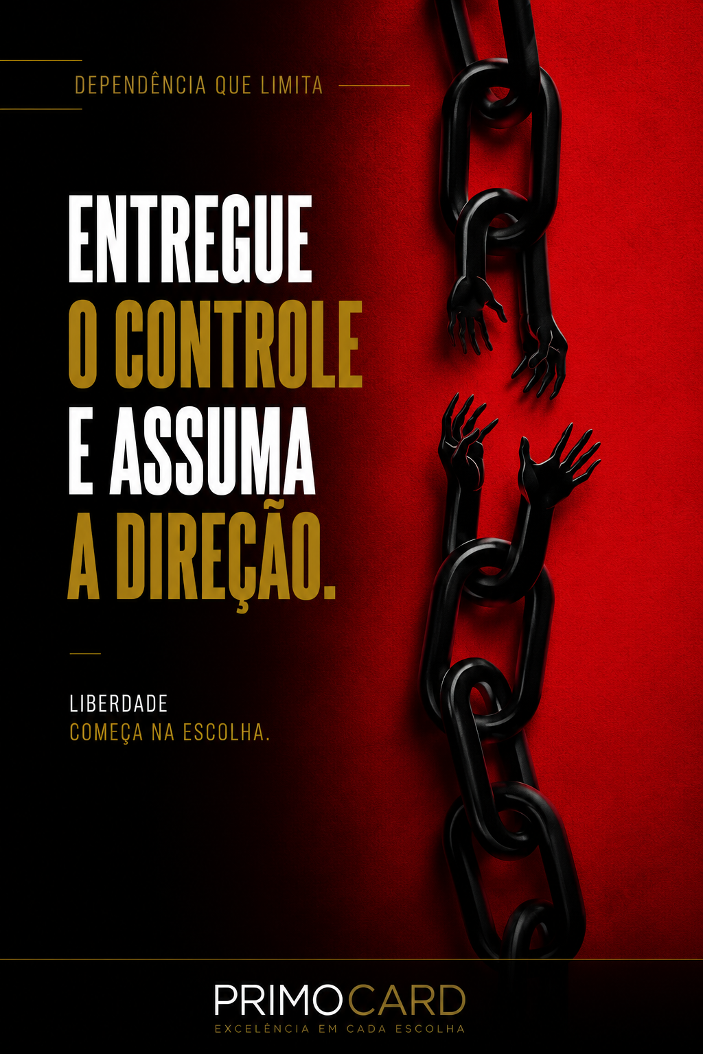 Correntes negras com mãos presas e separadas, simbolizando dependência, controle excessivo e busca por liberdade.