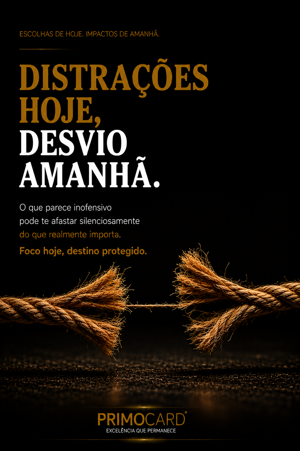 Corda rompida por desgaste, simbolizando a perda gradual de foco e o risco causado pelas distrações.