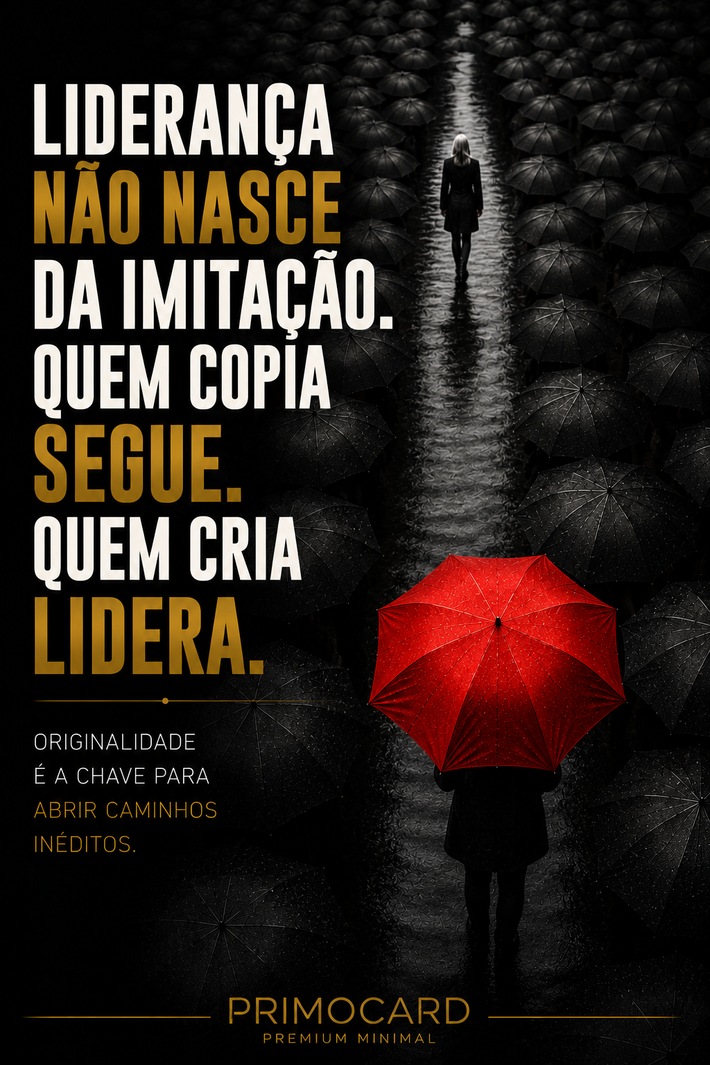 Guarda-chuva vermelho destacando-se entre vários pretos.