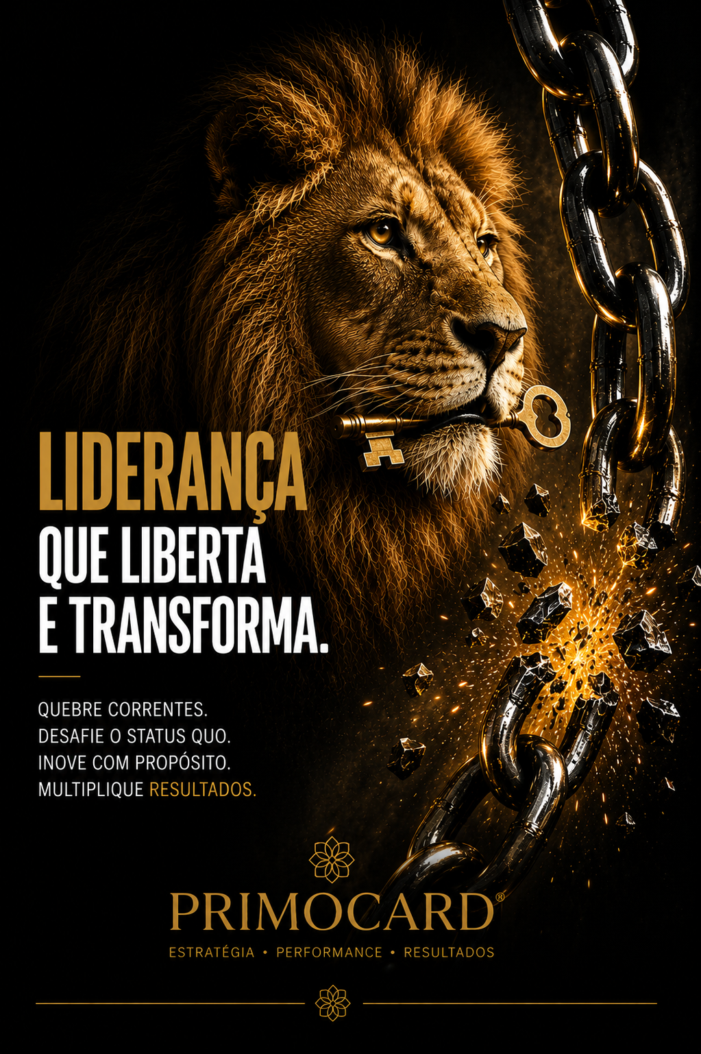 Leão dourado segurando uma chave diante de uma corrente de metal se rompendo com grande impacto.