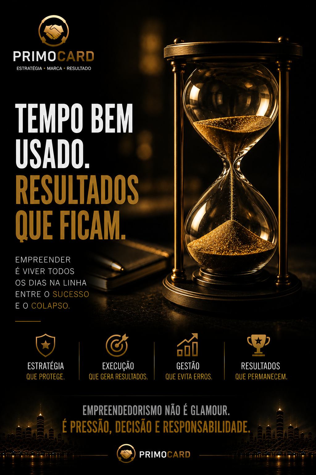 Ampulheta dourada representando tempo e produtividade.