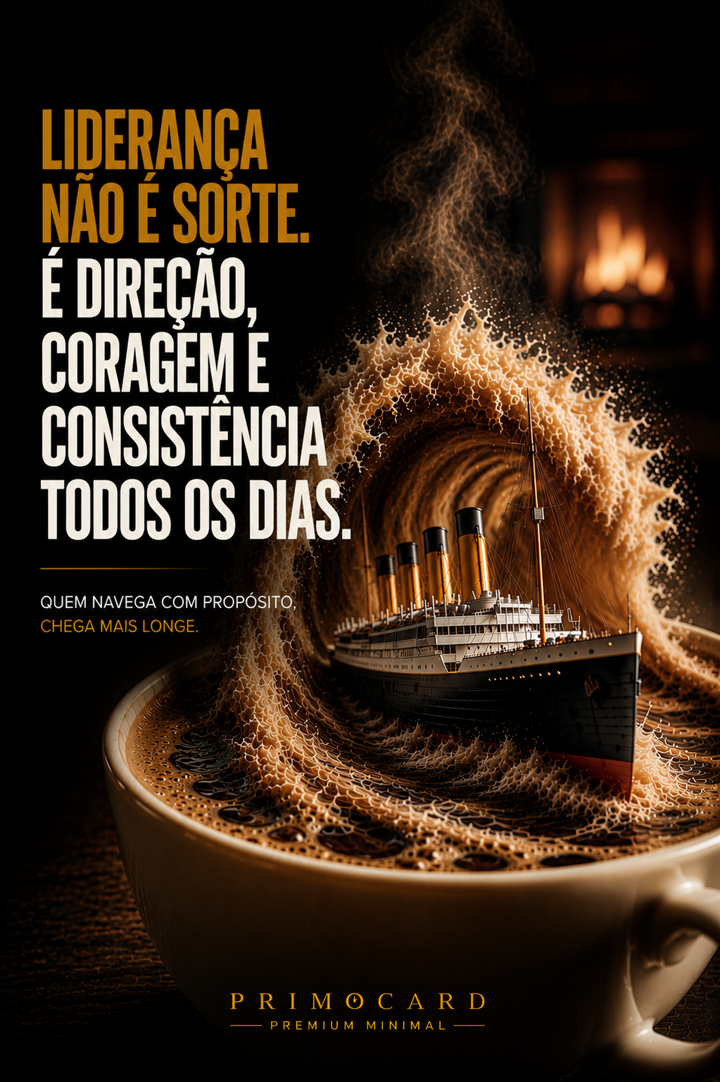 Navio atravessando uma onda formada dentro de uma xícara de café, representando liderança, direção, coragem e consistência.