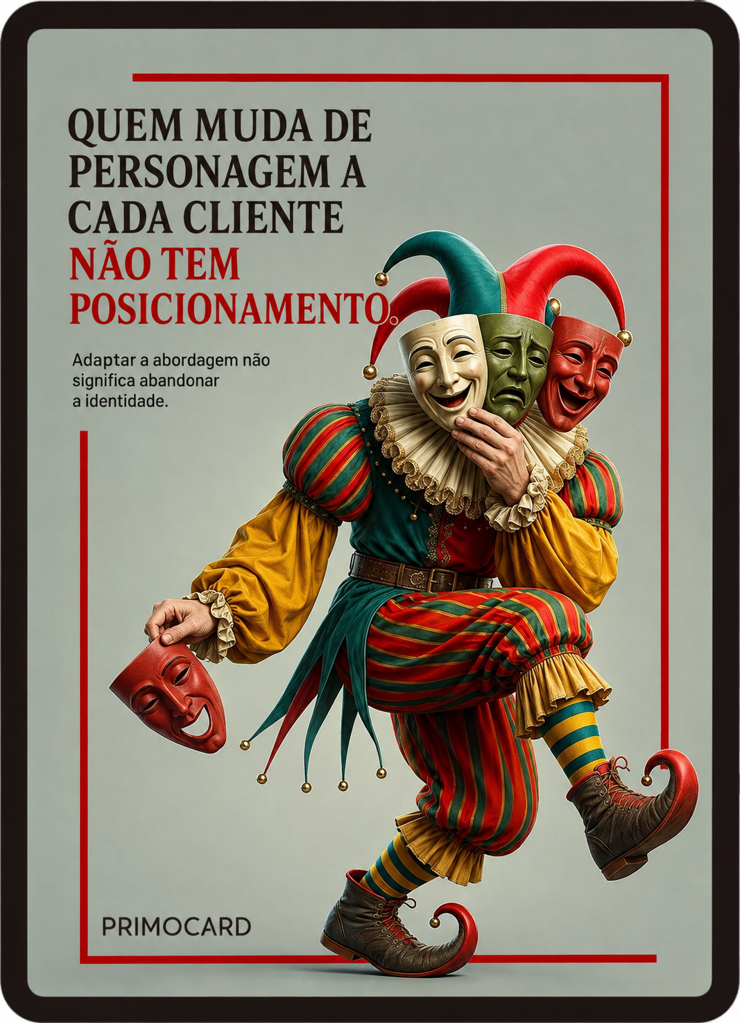 Personagem com várias máscaras representando mudanças excessivas de identidade diante de diferentes clientes.