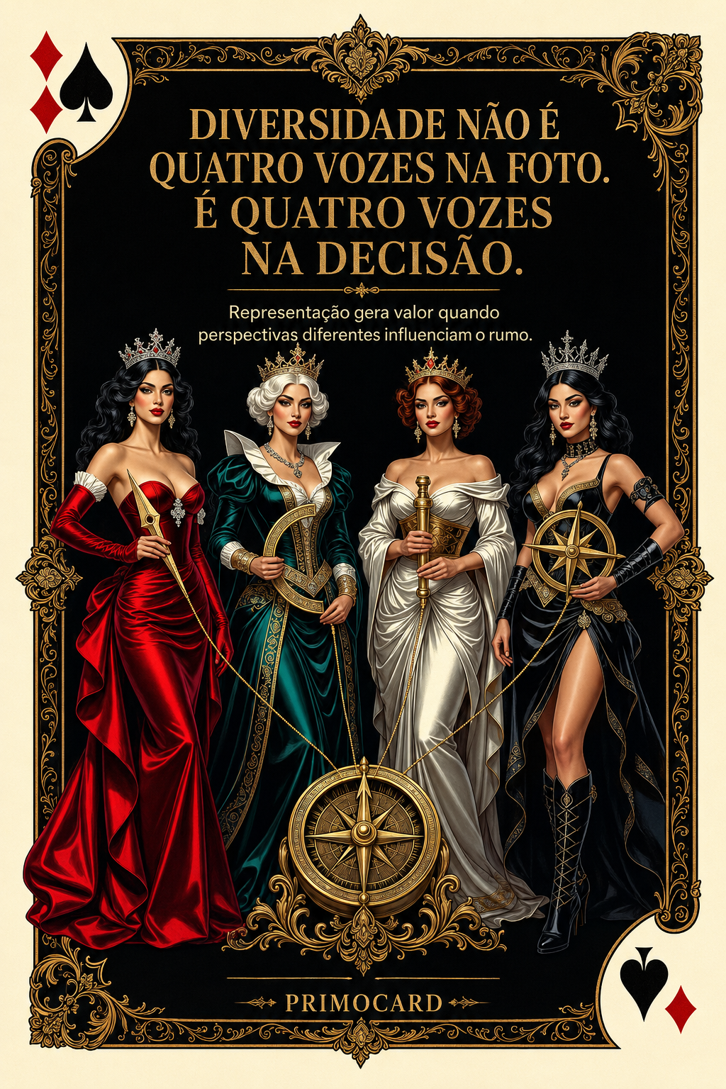 Quatro rainhas com roupas e símbolos distintos reunidas ao redor de uma bússola, representando diversidade nas decisões.