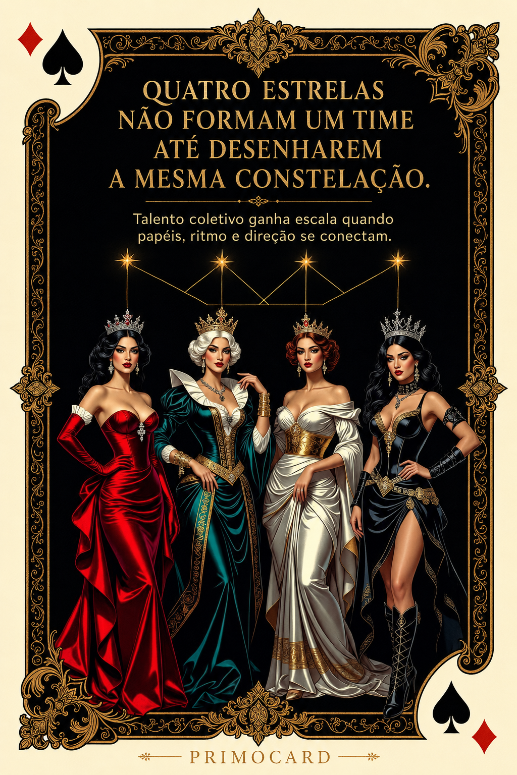 Quatro mulheres representadas como estrelas conectadas, simbolizando talento coletivo, papéis e direção comum.