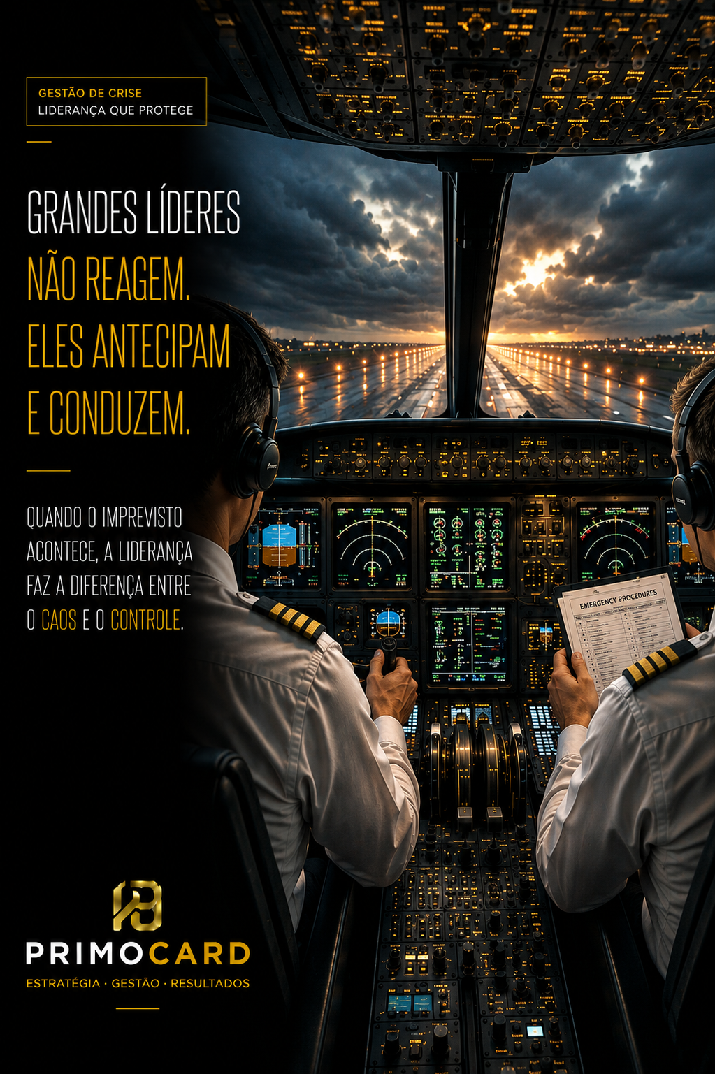 Pilotos conduzindo uma aeronave durante uma tempestade, com a pista iluminada à frente e procedimentos de emergência disponíveis.