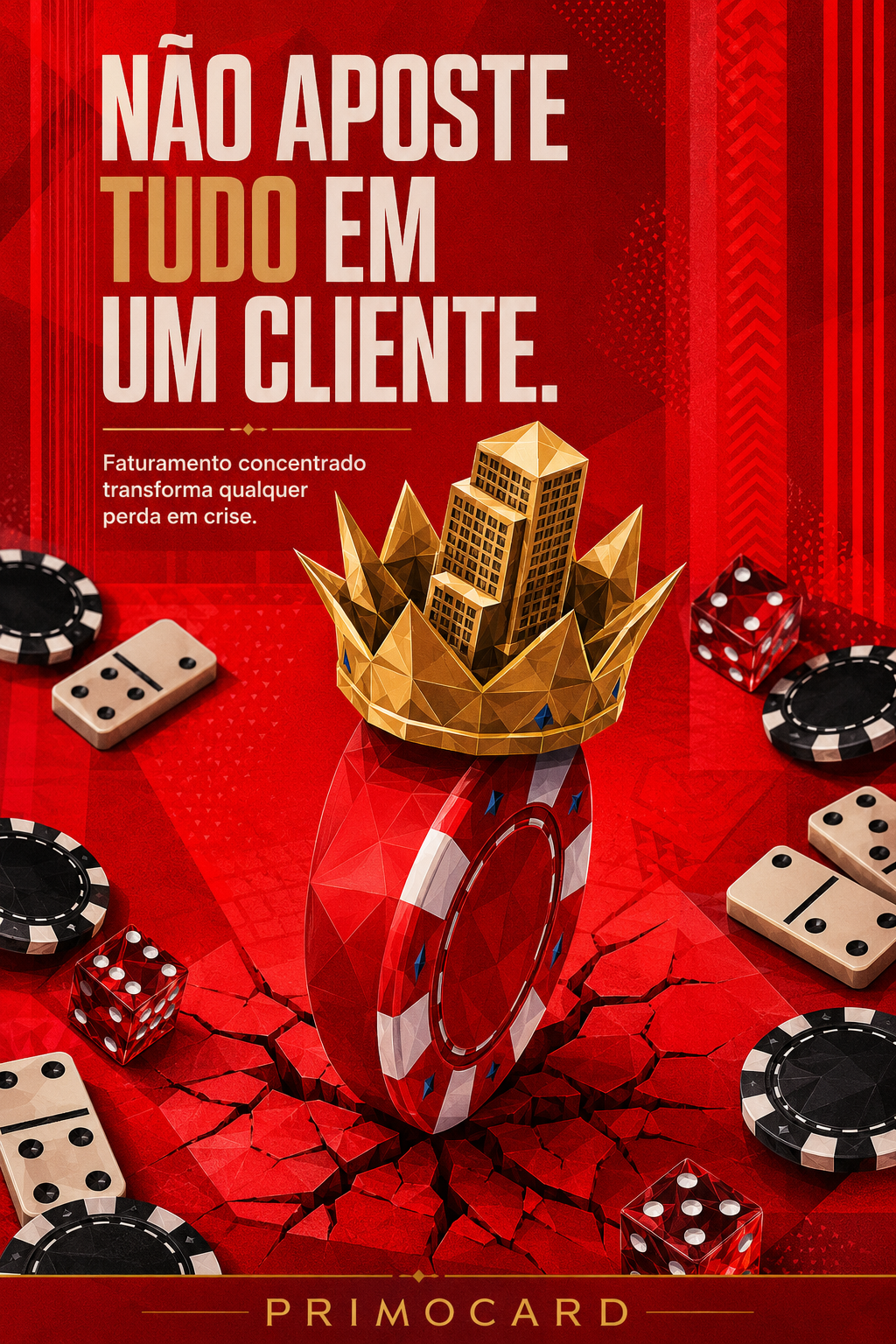 Ficha de cassino sustentando uma coroa com edifícios, representando o risco da dependência de um único cliente.
