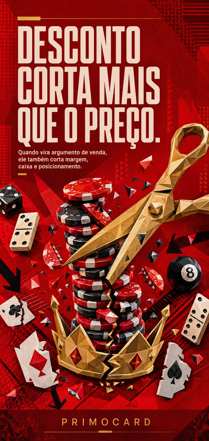 Grande tesoura dourada cortando fichas de jogo empilhadas, representando descontos que reduzem margem, caixa e posicionamento.