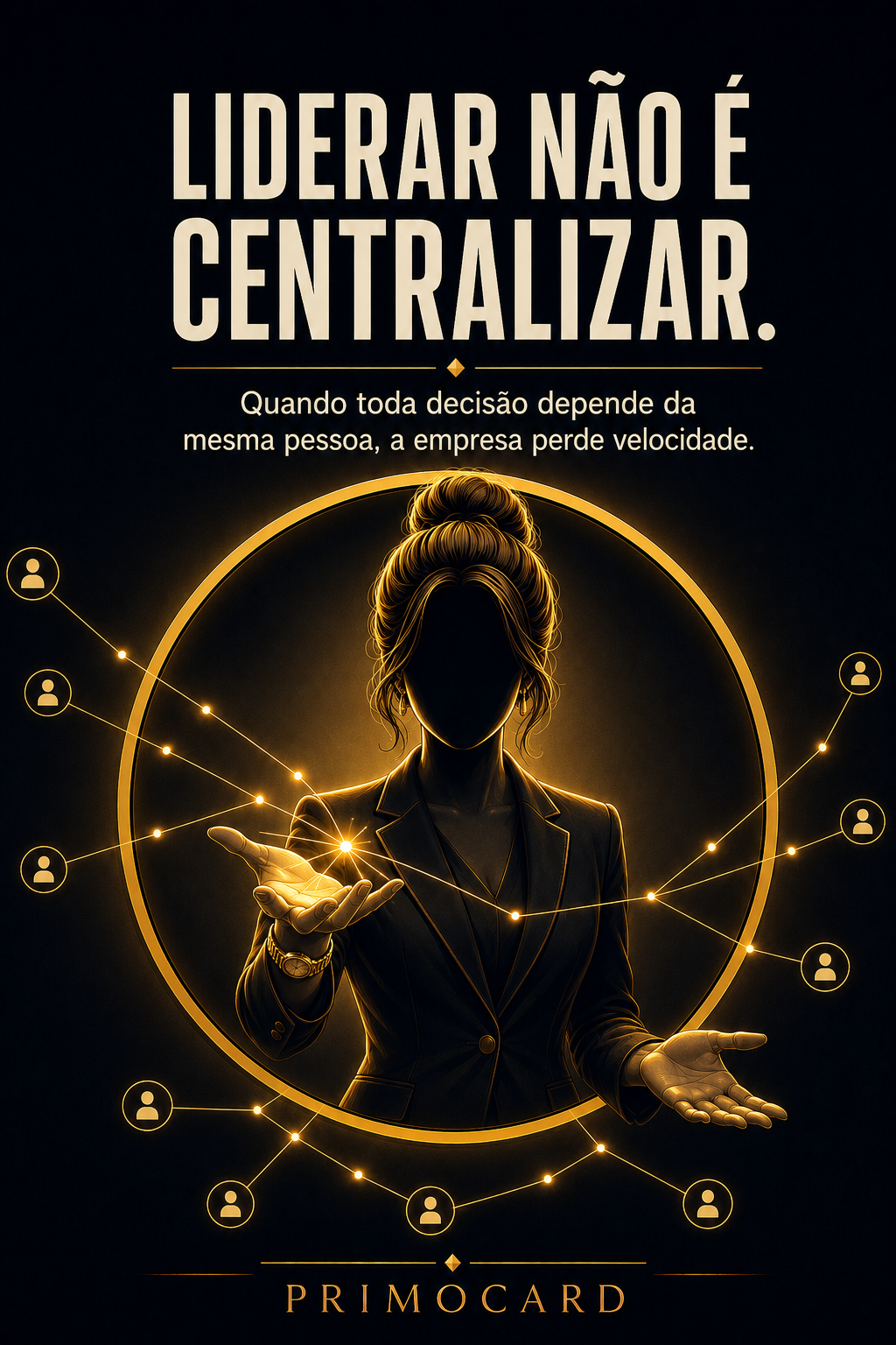 Líder conectada a diferentes pessoas por uma rede, representando distribuição de decisões e responsabilidades.