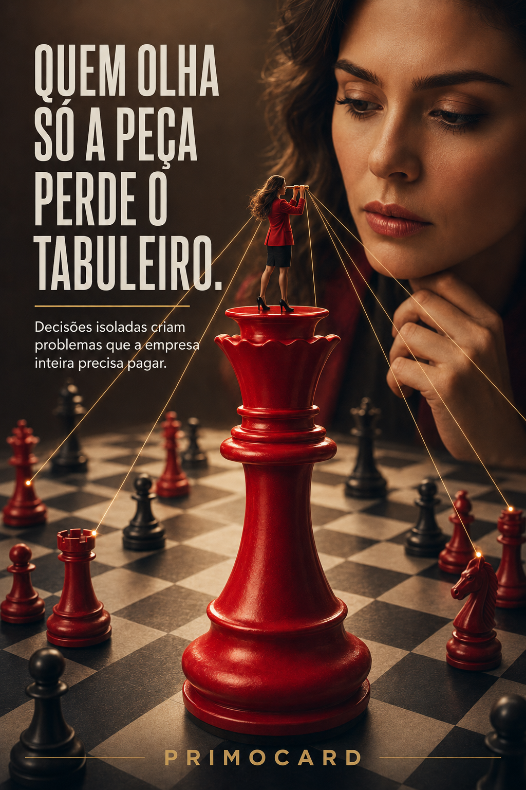 Mulher analisando um tabuleiro de xadrez com uma peça central vermelha, simbolizando visão estratégica e decisões empresariais integradas.