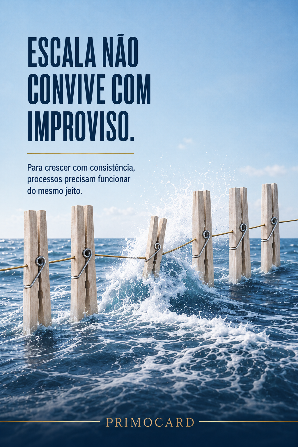 Pregadores de madeira alinhados sobre o mar, conectados pelo mesmo fio enquanto enfrentam ondas, simbolizando padronização e consistência.