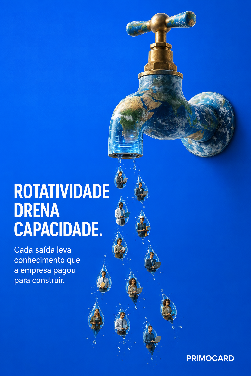 Torneira em formato de planeta liberando gotas com profissionais dentro, representando a perda de talentos e conhecimento.