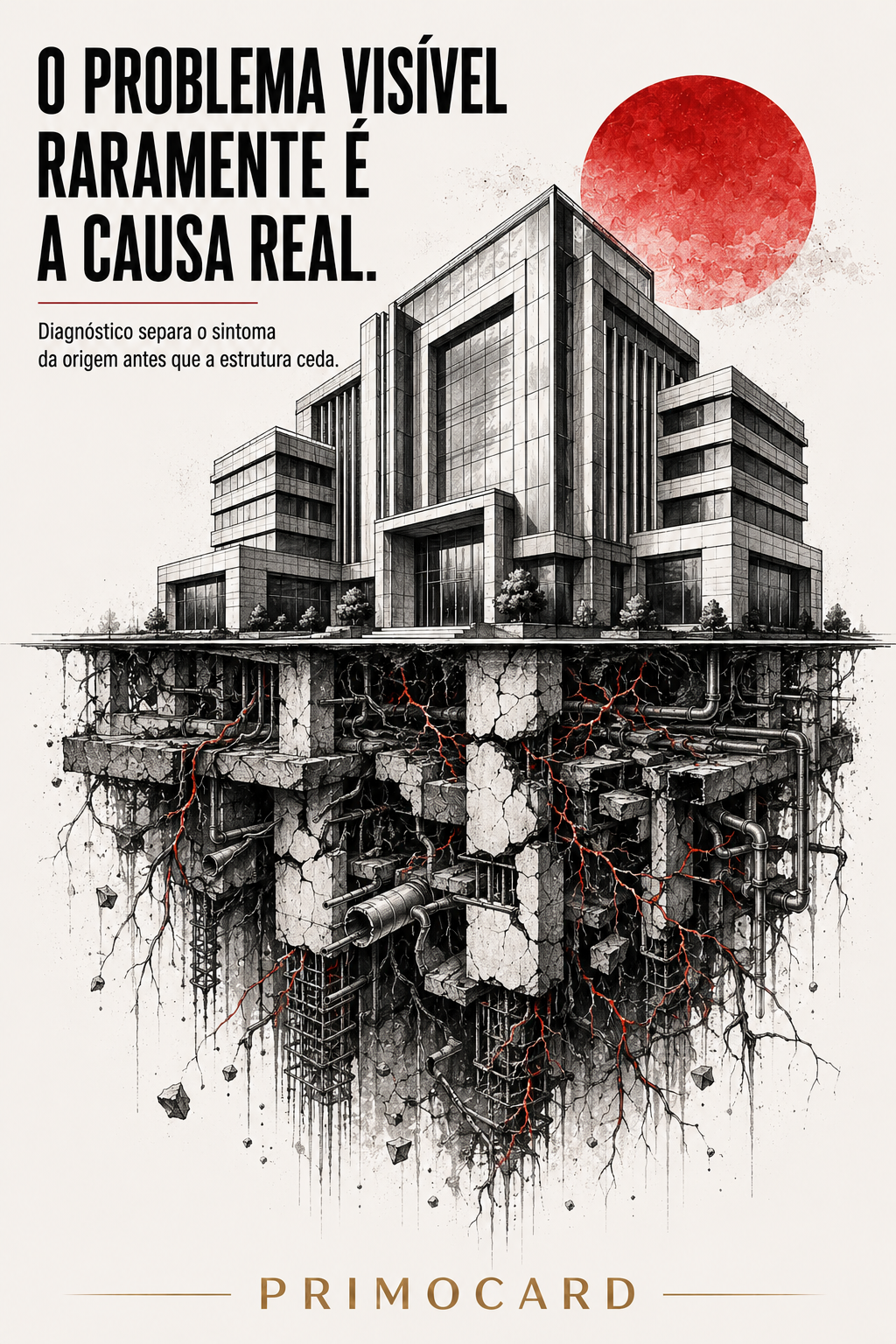 Edifício empresarial aparentemente sólido com fundações subterrâneas rachadas e tubulações danificadas, representando problemas ocultos na estrutura.