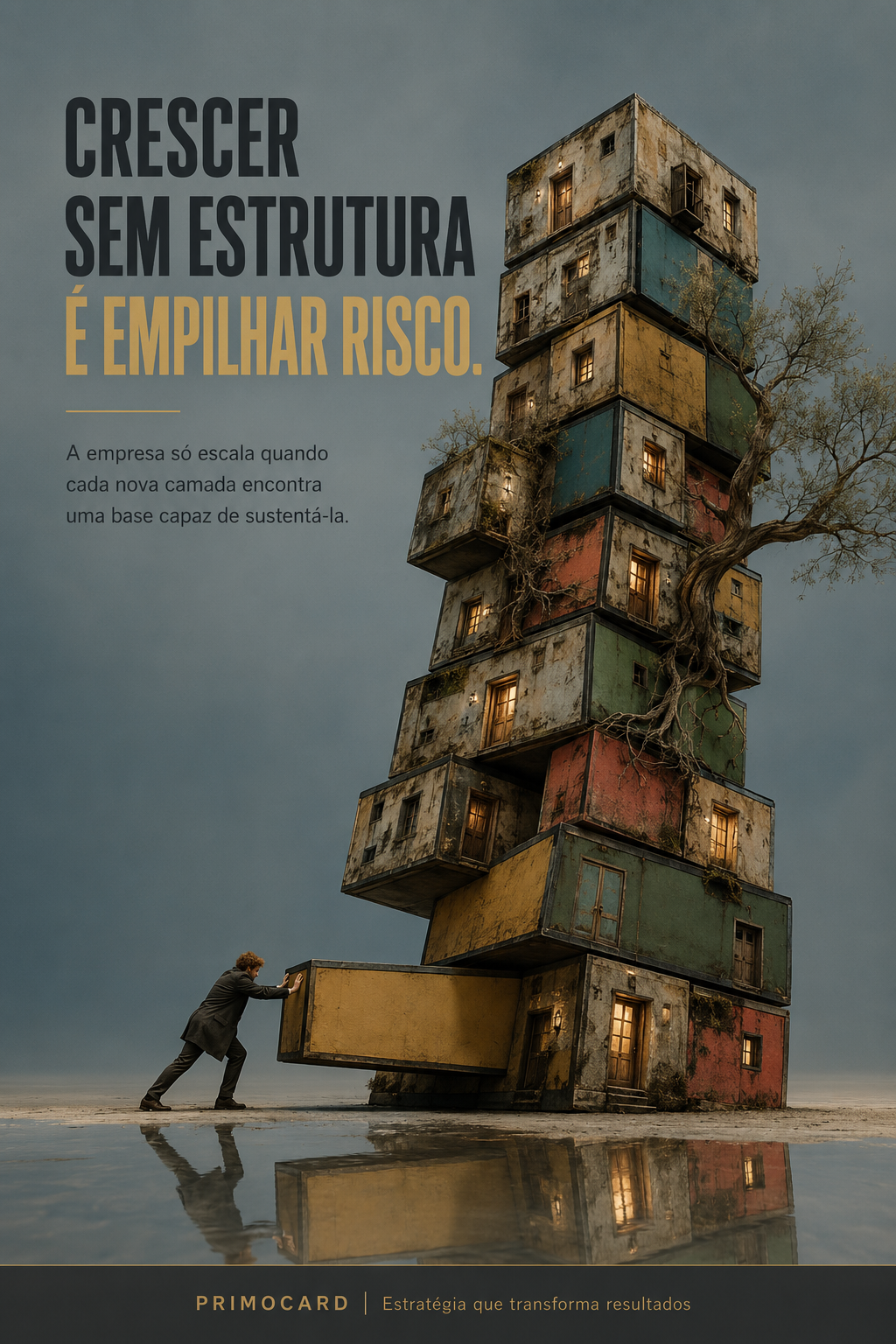 Torre alta e instável formada por construções empilhadas enquanto um homem tenta sustentar sua base, representando crescimento sem estrutura.