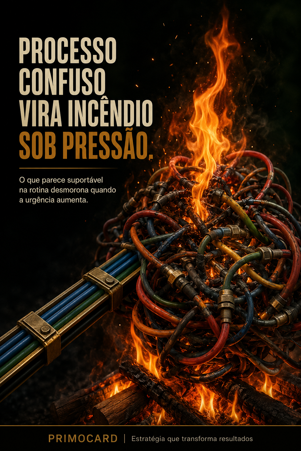 Conjunto desordenado de cabos em chamas conectado a uma instalação organizada, simbolizando processos confusos entrando em colapso sob pressão.