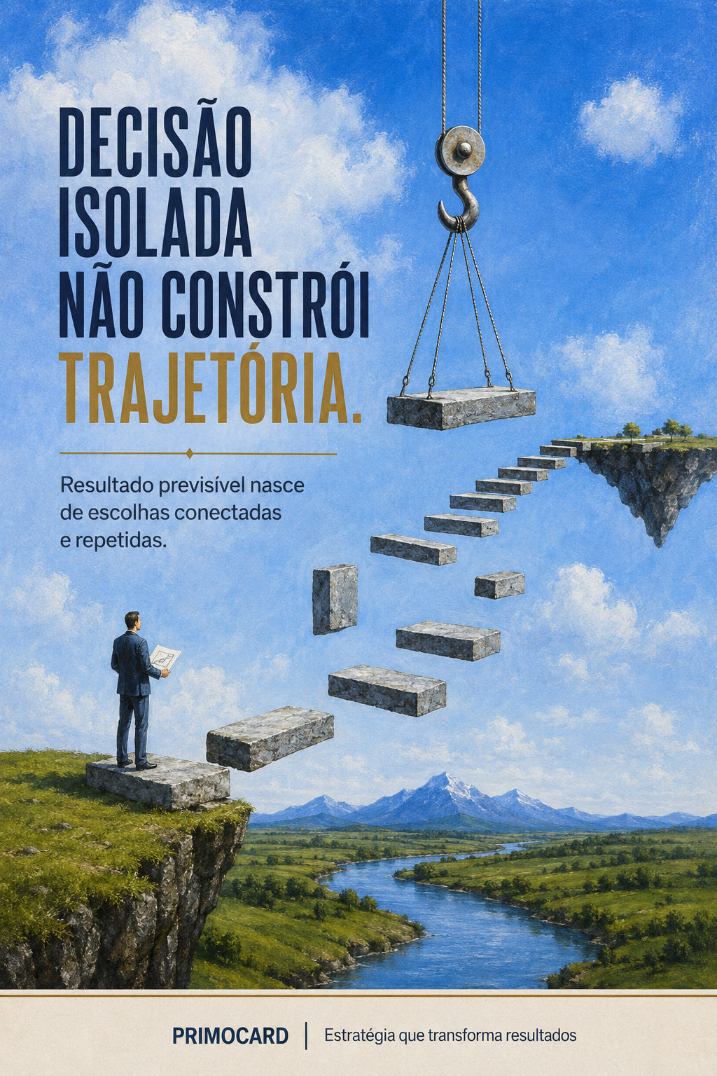 Empresário diante de uma escadaria incompleta suspensa entre dois precipícios, com um guindaste posicionando o próximo degrau.