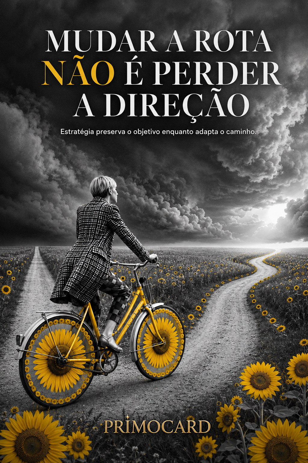 Mulher em bicicleta amarela diante de caminhos diferentes em um campo de girassóis sob um céu carregado.