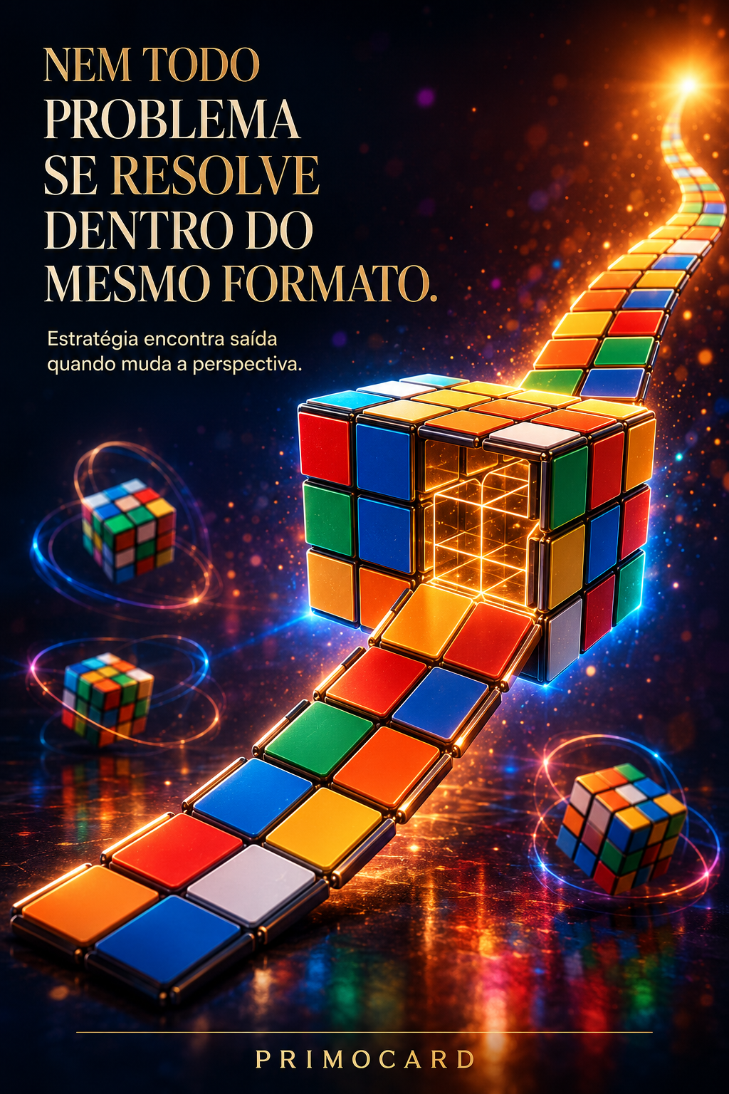 Cubo colorido se abrindo e formando um caminho iluminado, representando uma solução fora do formato convencional.