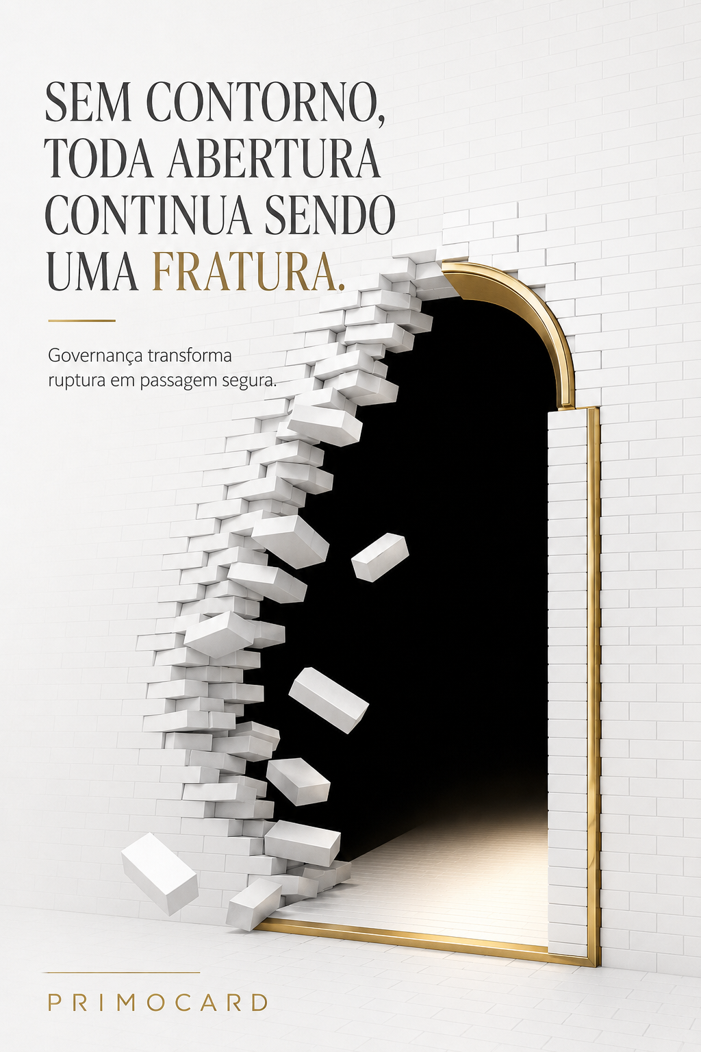Parede branca parcialmente destruída formando uma passagem escura com contorno dourado.