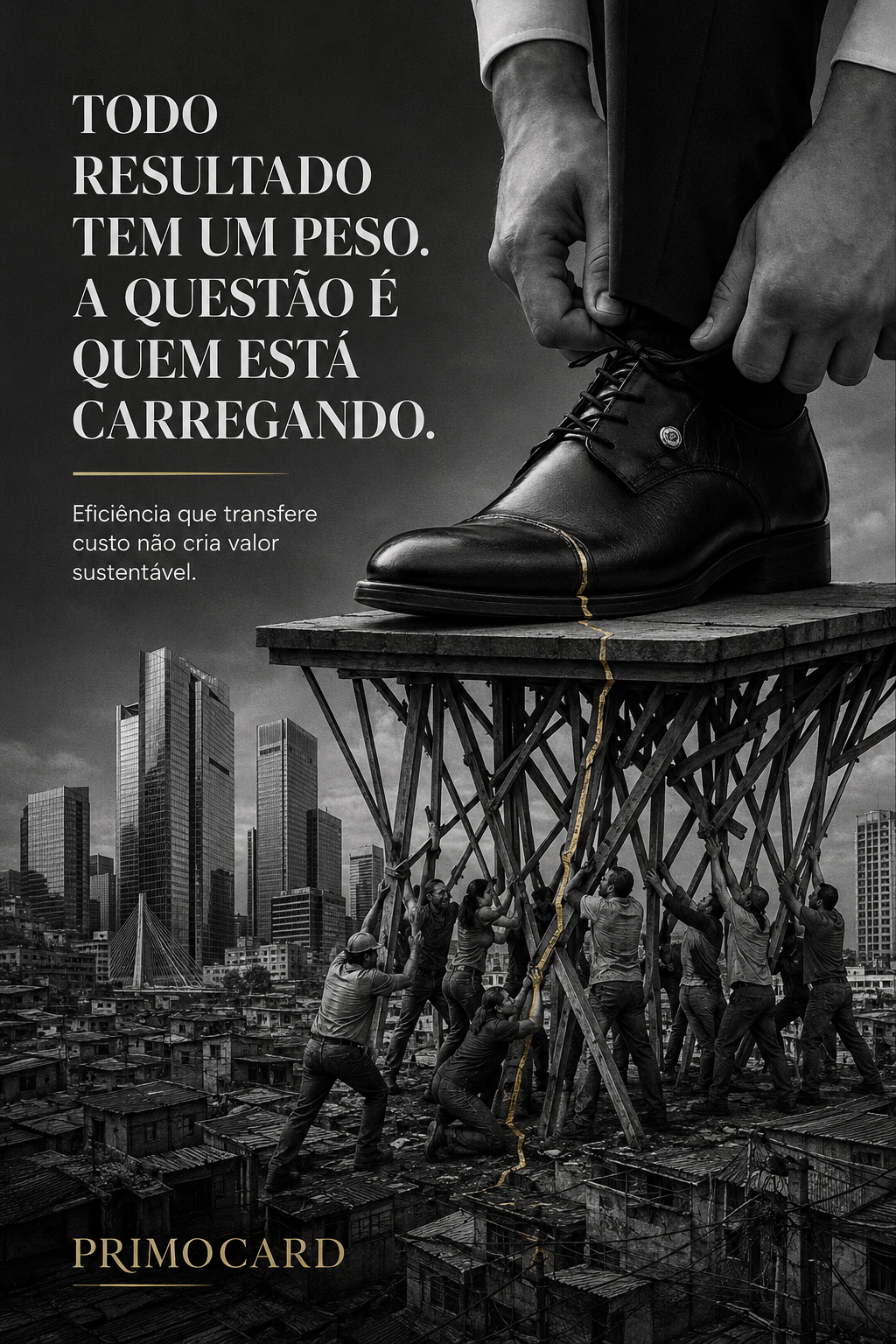 Sapato de um executivo pressionando uma plataforma sustentada por vários trabalhadores sobre uma cidade.