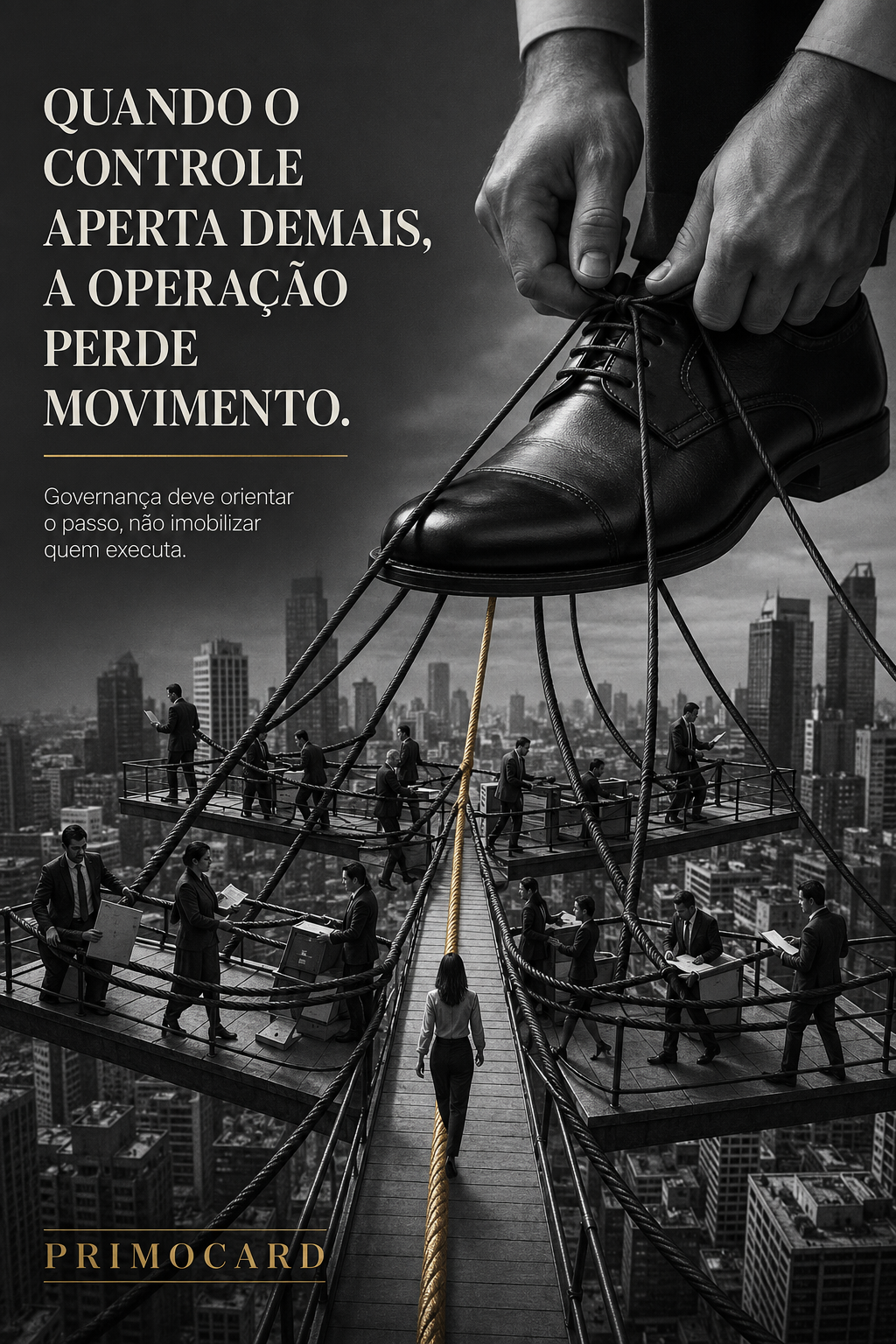 : Grande sapato preso por cordas sobre profissionais que tentam executar tarefas em plataformas suspensas.