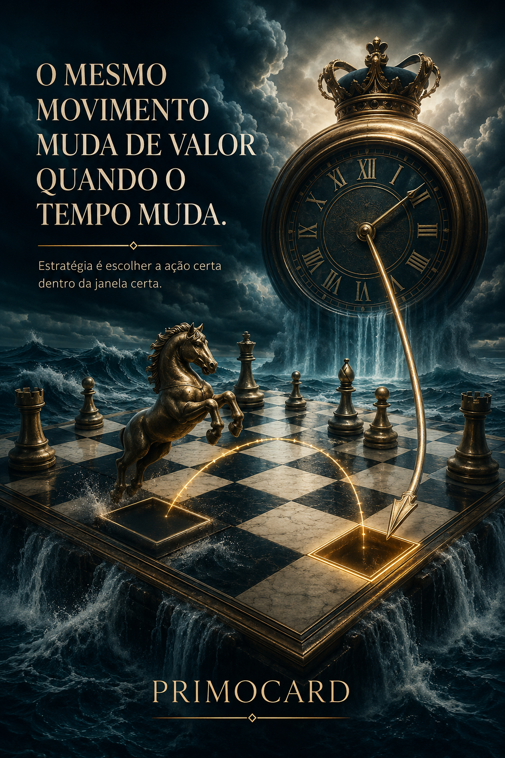 Tabuleiro de xadrez sob um grande relógio, com peças em movimento diante de uma tempestade.