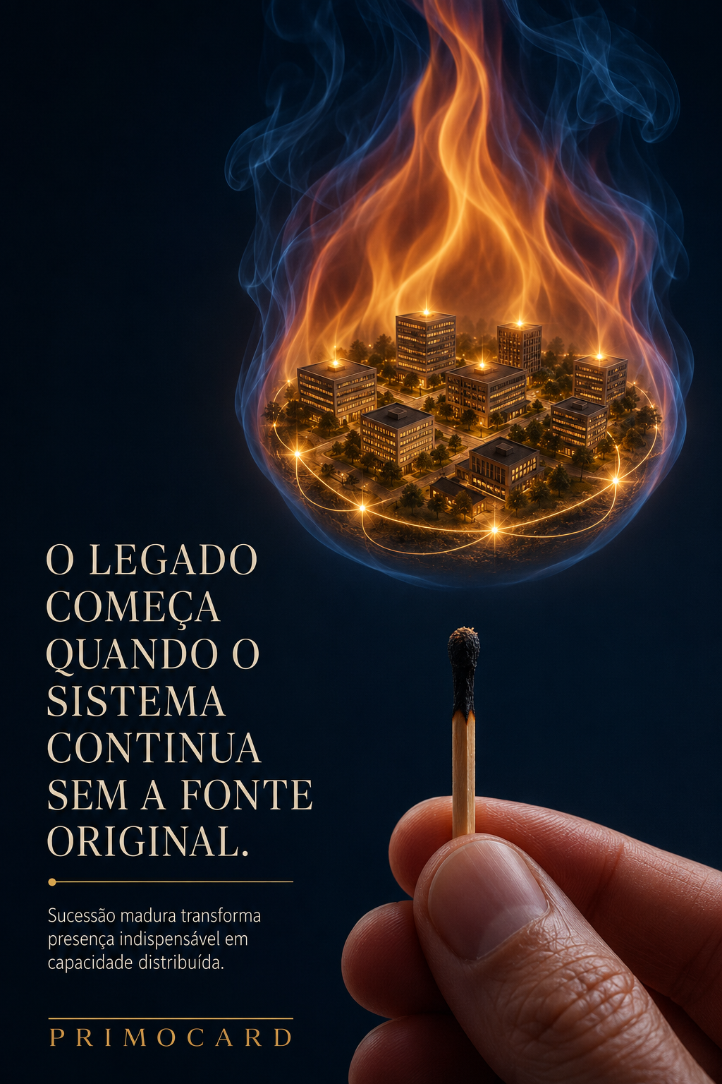 Tabuleiro de xadrez fragmentado sobre o mar, ligado por um caminho móvel em direção a uma peça dourada.
