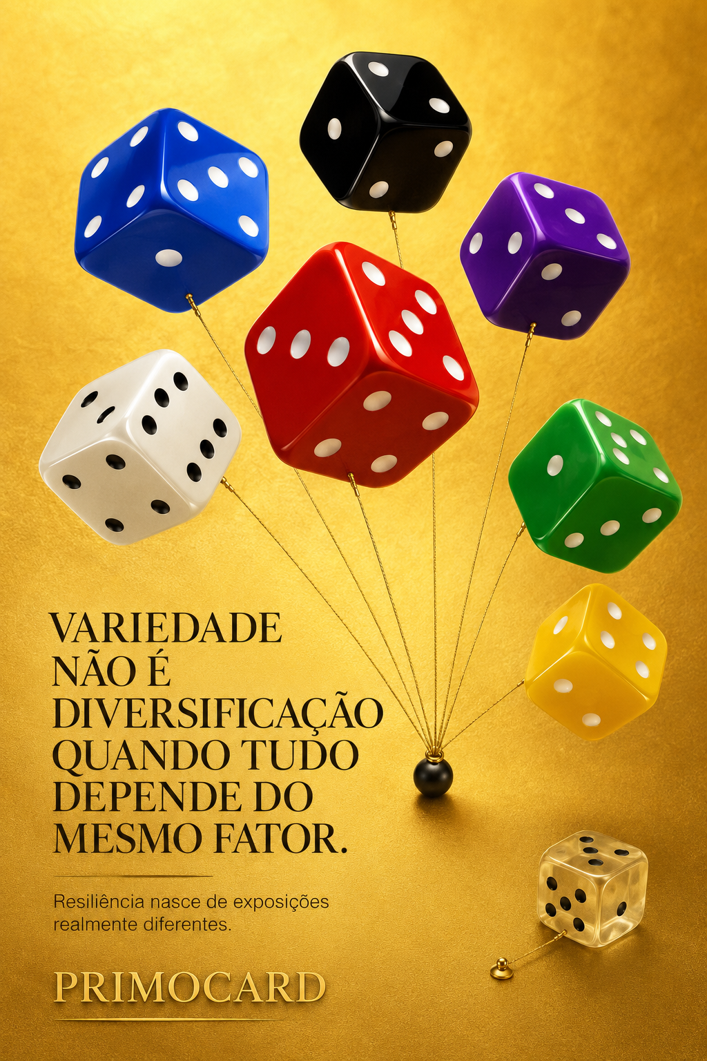 Dados coloridos suspensos como balões e ligados ao mesmo ponto sobre um fundo dourado.