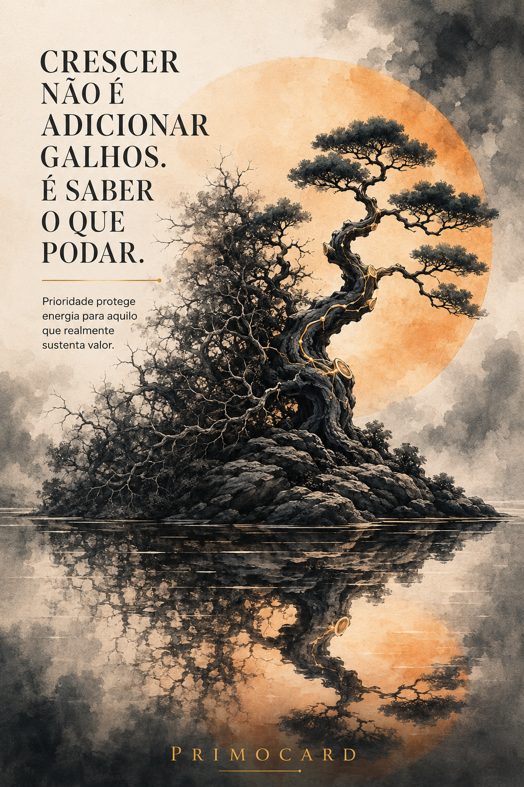 Árvore antiga parcialmente podada sobre uma ilha rochosa diante de um grande sol alaranjado.