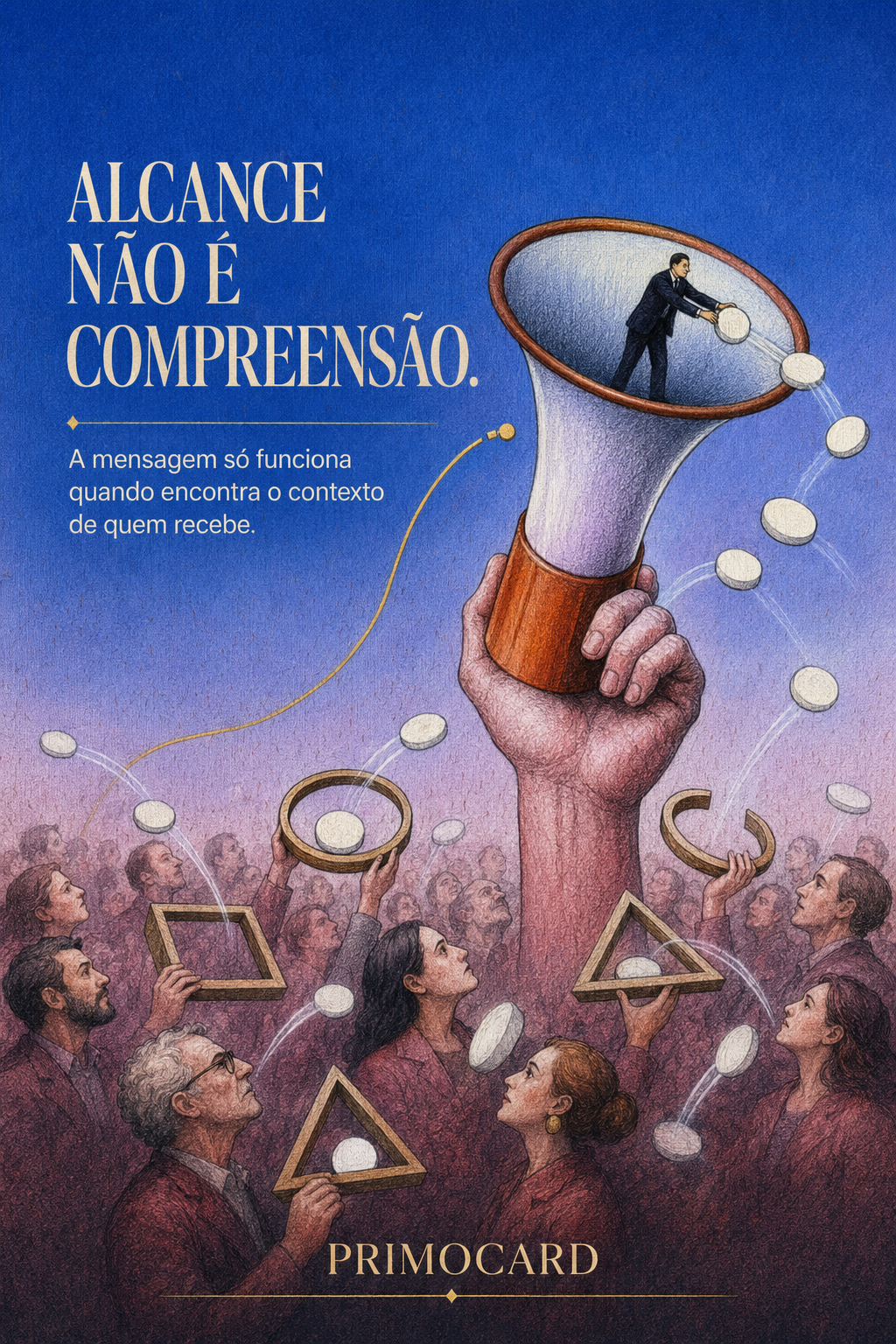 Pessoa usa um megafone para lançar peças redondas enquanto o público segura formas geométricas diferentes.