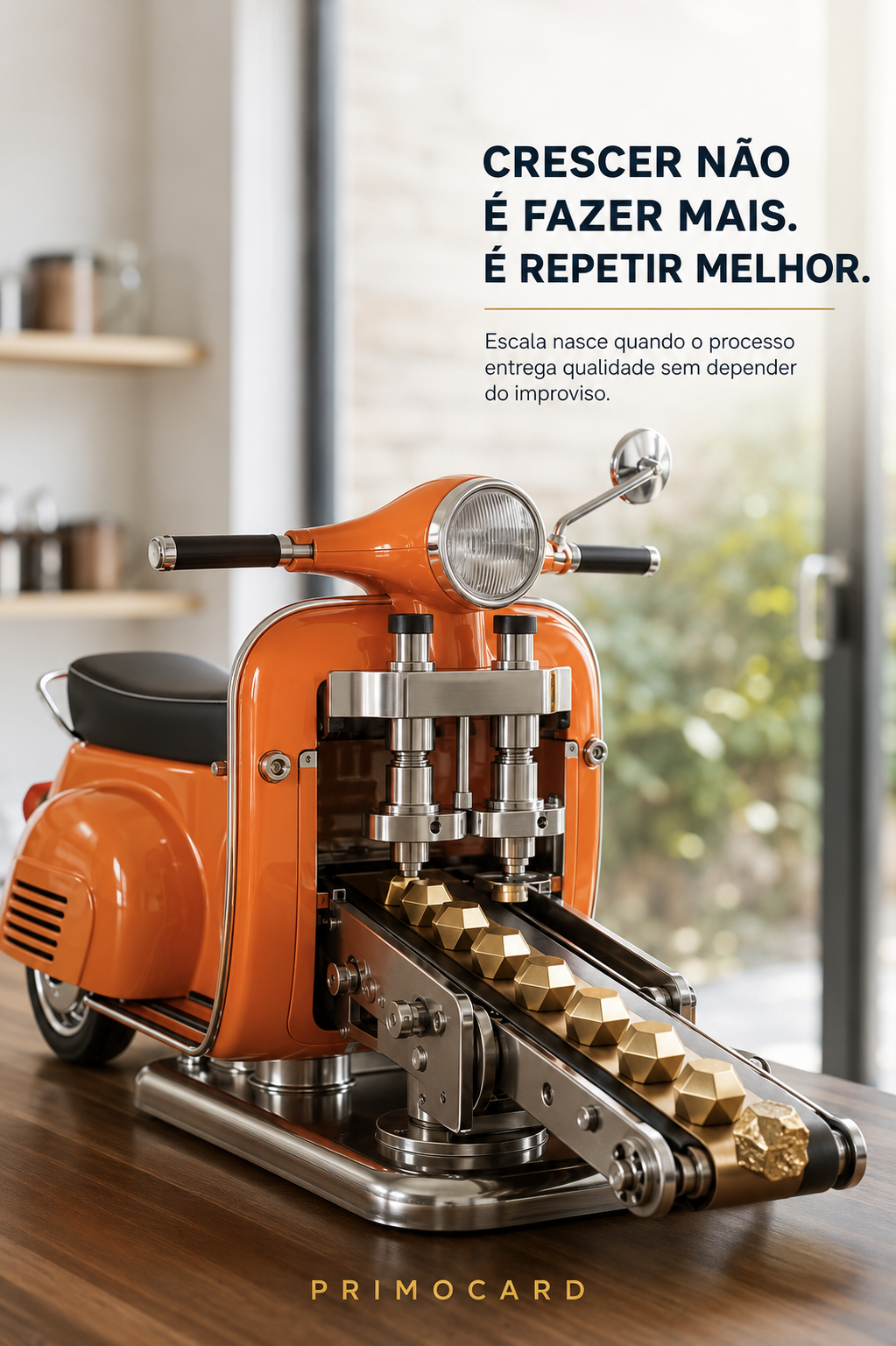 Motoneta laranja transformada em máquina de produção com peças douradas sobre uma esteira.