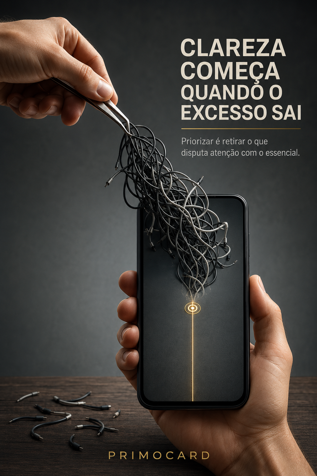 Mão retirando vários cabos embolados de um celular, revelando uma linha dourada central e organizada.