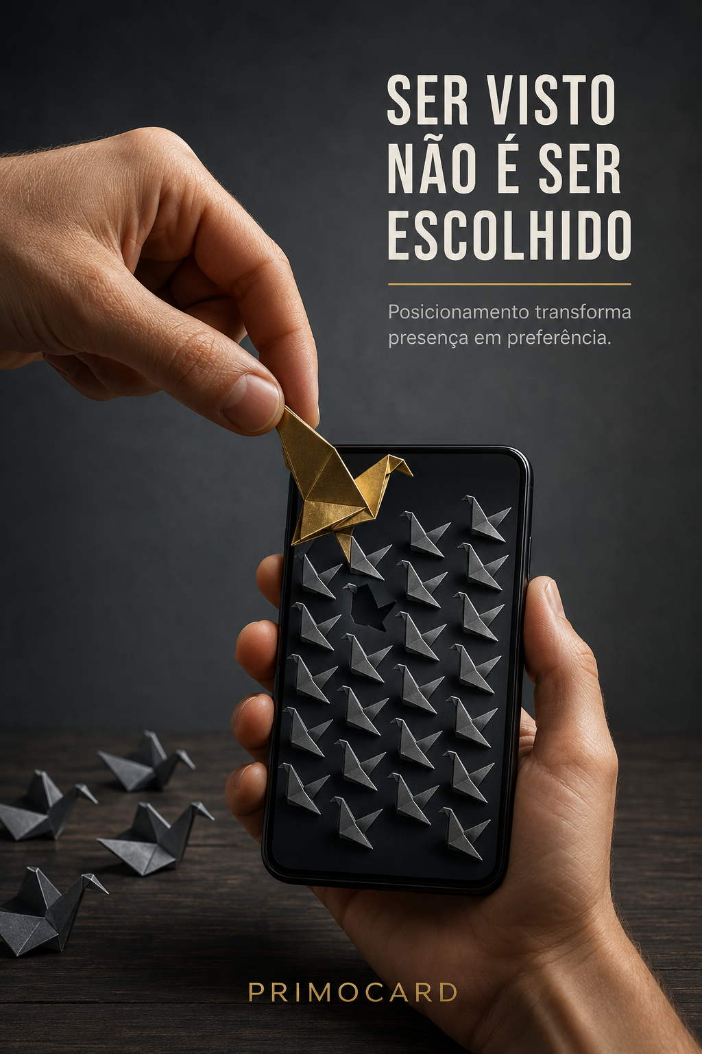 Mãos retiram um pássaro dourado de uma tela de celular repleta de pássaros cinzentos.