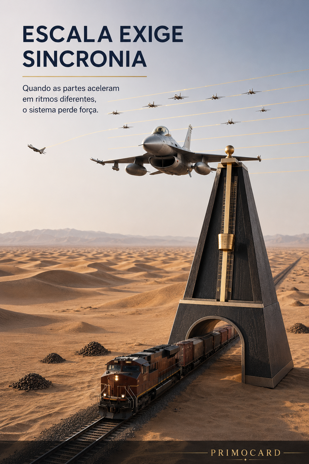 Aviões e trem atravessam um grande metrônomo em ritmos diferentes sobre uma paisagem desértica.