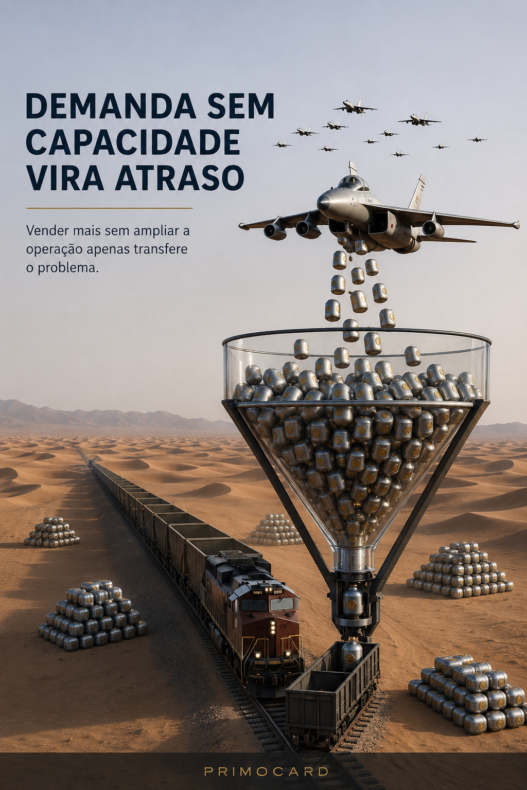 Aviões despejando volumes em um grande funil enquanto um trem abaixo não possui capacidade suficiente para transportá-los.