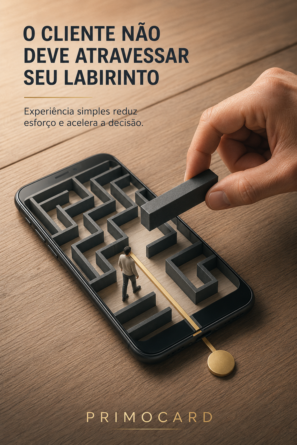 Mão remove uma barreira de um labirinto sobre um celular enquanto uma pessoa segue por um caminho dourado.