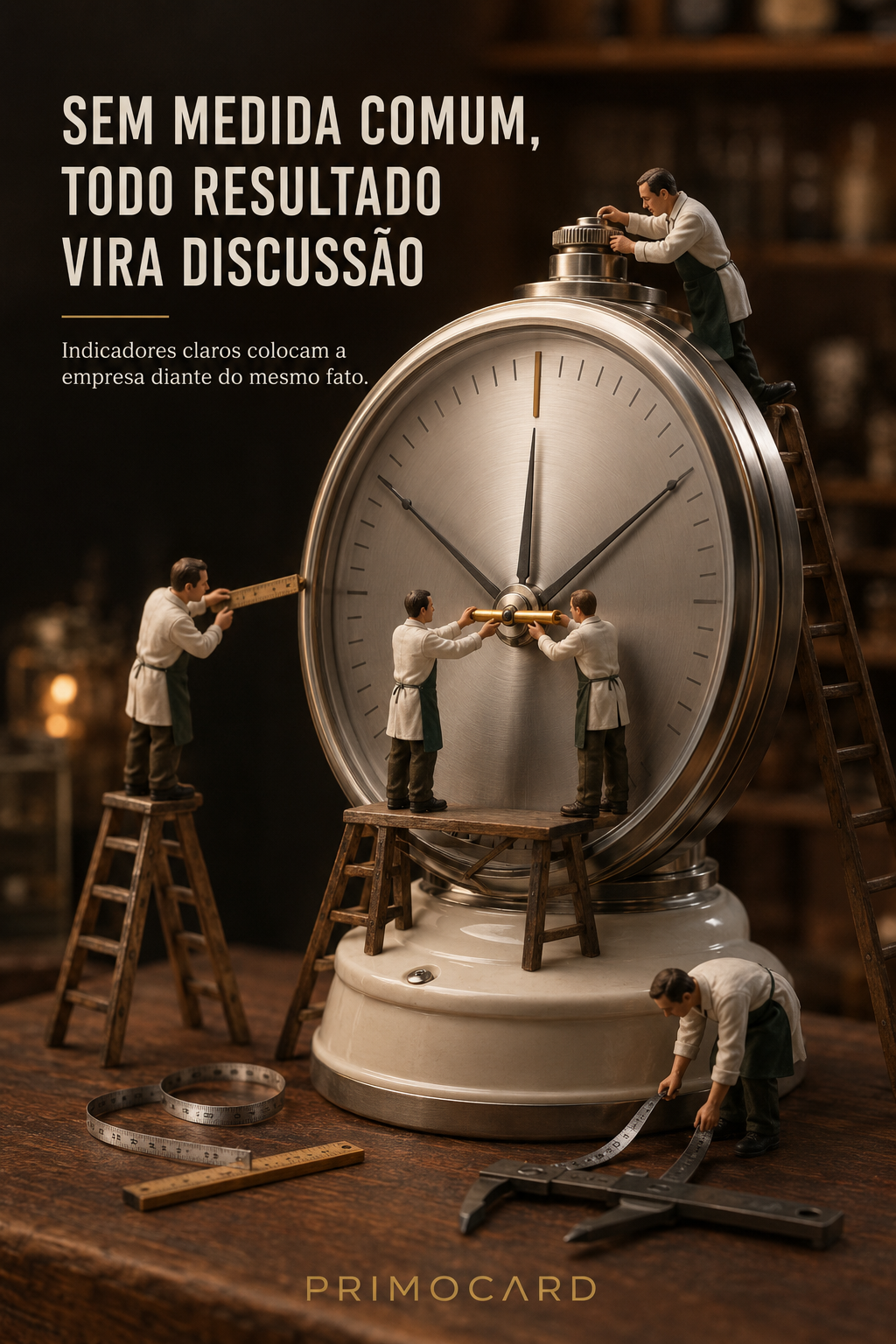 Pequenos profissionais trabalhando na calibragem e medição de um grande instrumento analógico sobre uma bancada.