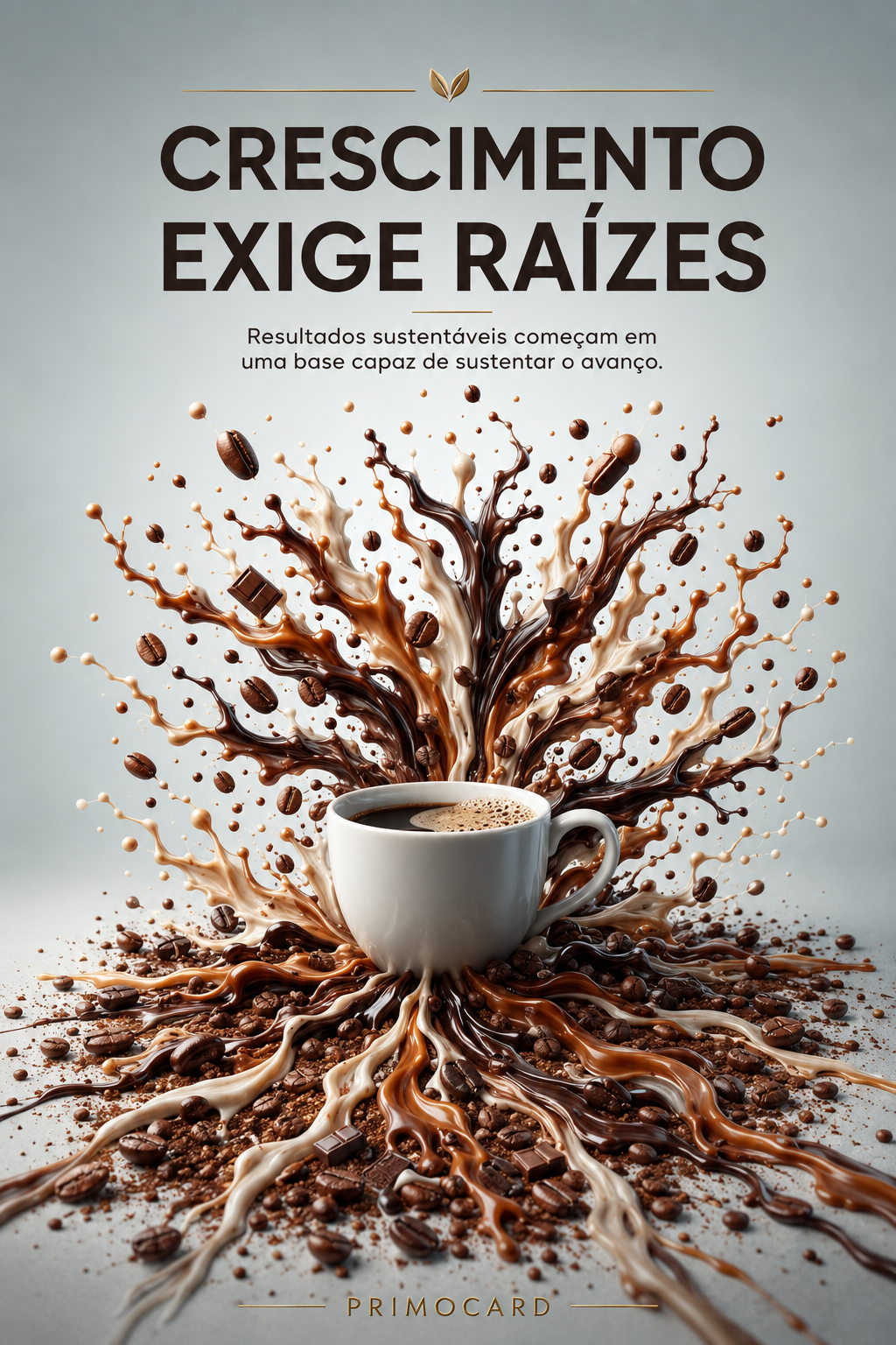 Xícara de café cercada por raízes formadas por café, leite, grãos e pedaços de chocolate.
