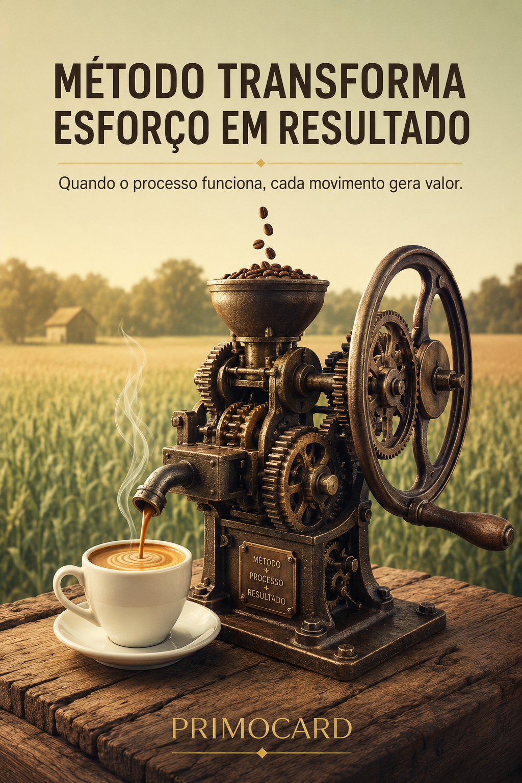 Máquina antiga com engrenagens transforma grãos de café em uma bebida servida na xícara.