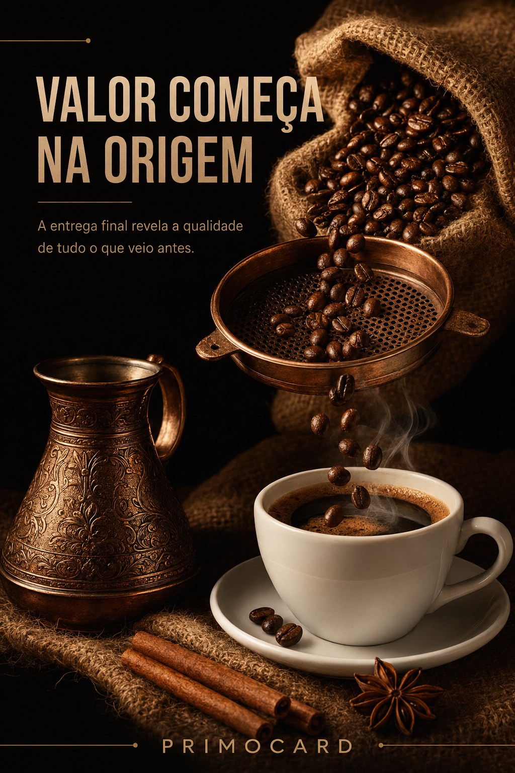 Grãos de café saem de um saco, passam por um filtro e caem dentro de uma xícara.